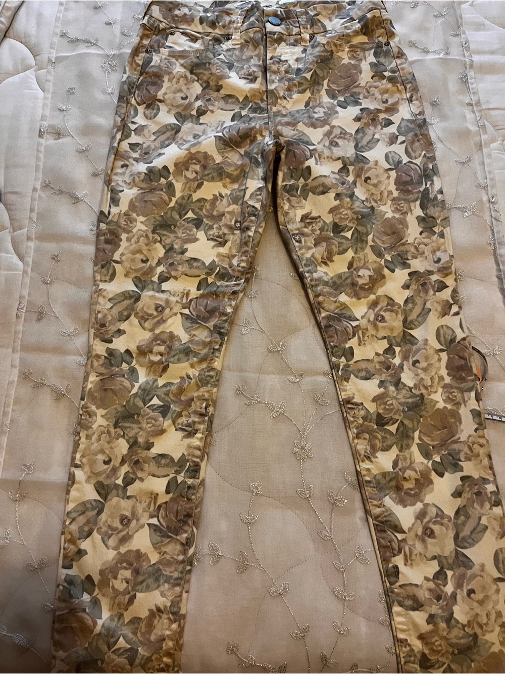 Seven7 Floral Skinny Jeans in Beige, Brown and Green
